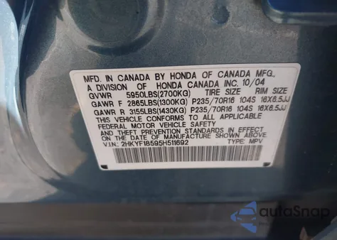 2005 Honda Pilot Ex-L from USA, damaged, VIN 2HKYF18595H511692